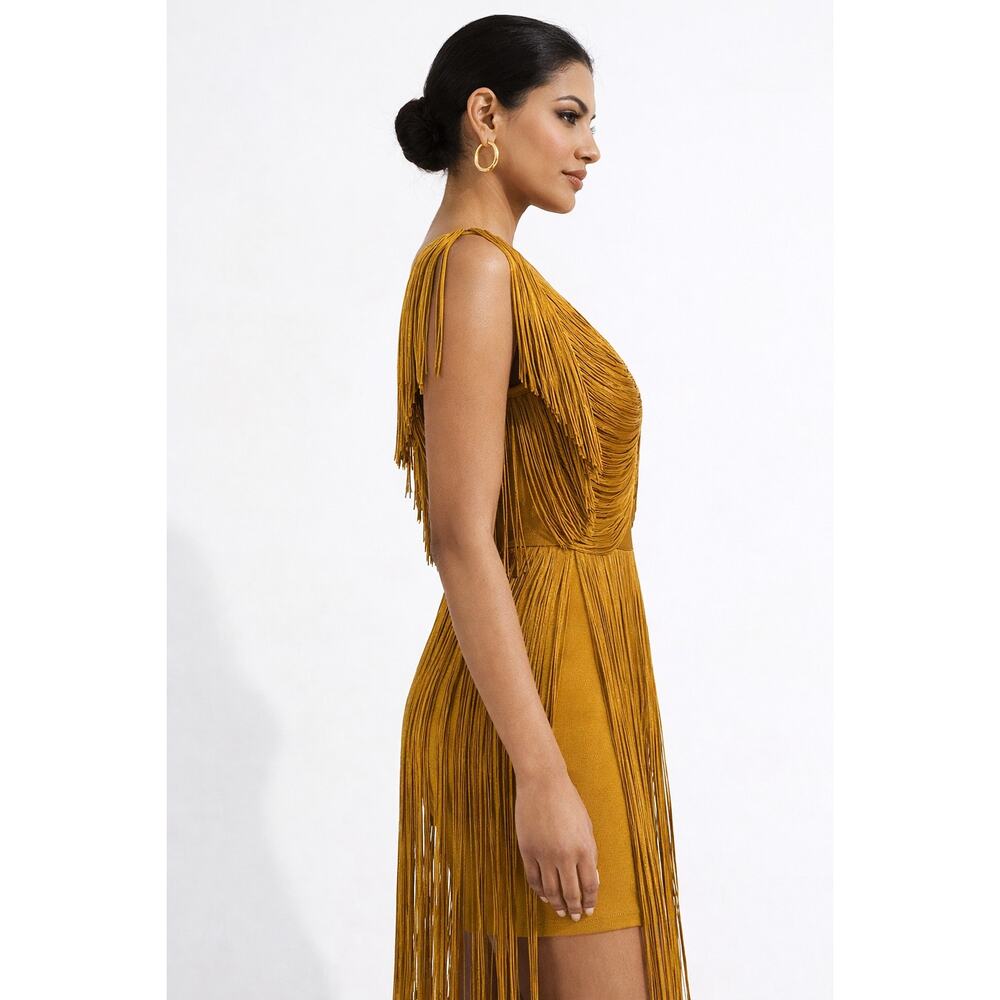 Karen Millen Maxi Draped Fringe Knitted Mini Dress Chartreuse Womens Medium New - Picture 2 of 11